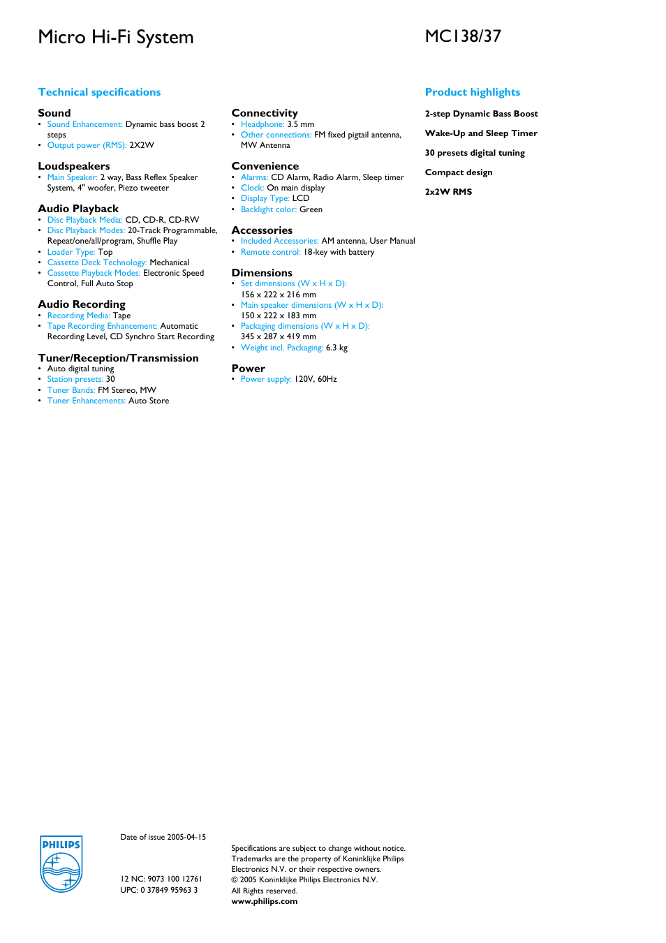 Technical specifications sound, Loudspeakers, Audio playback | Audio recording, Tuner/reception/transmission, Connectivity, Convenience, Accessories, Dimensions, Power | Philips MC138-37B User Manual | Page 2 / 2