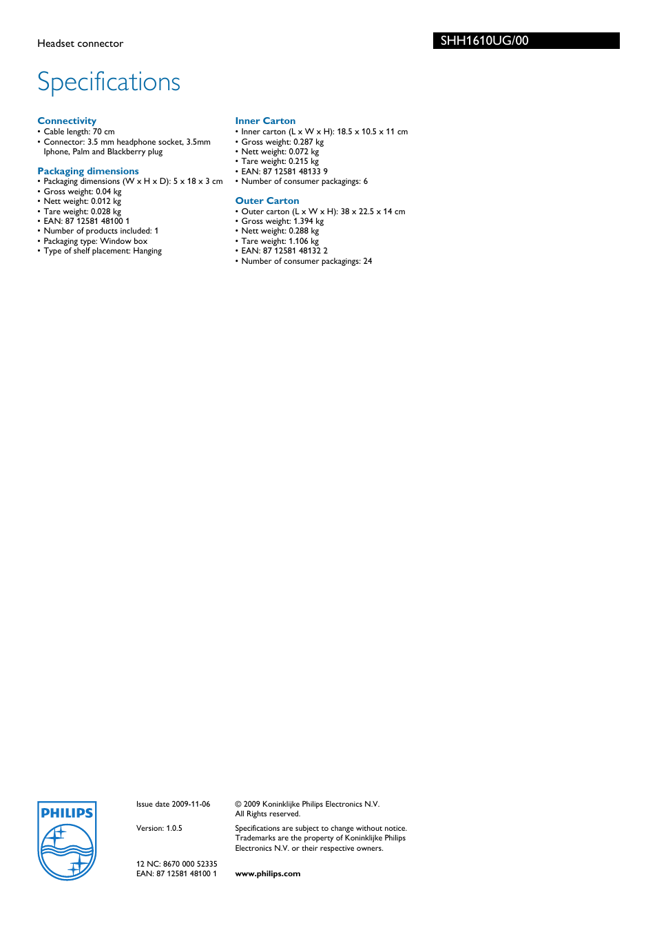 Headset connector, Connectivity, Packaging dimensions | Inner carton, Outer carton, Specifications, Philips | Philips SHH1610UG-00 User Manual | Page 2 / 2