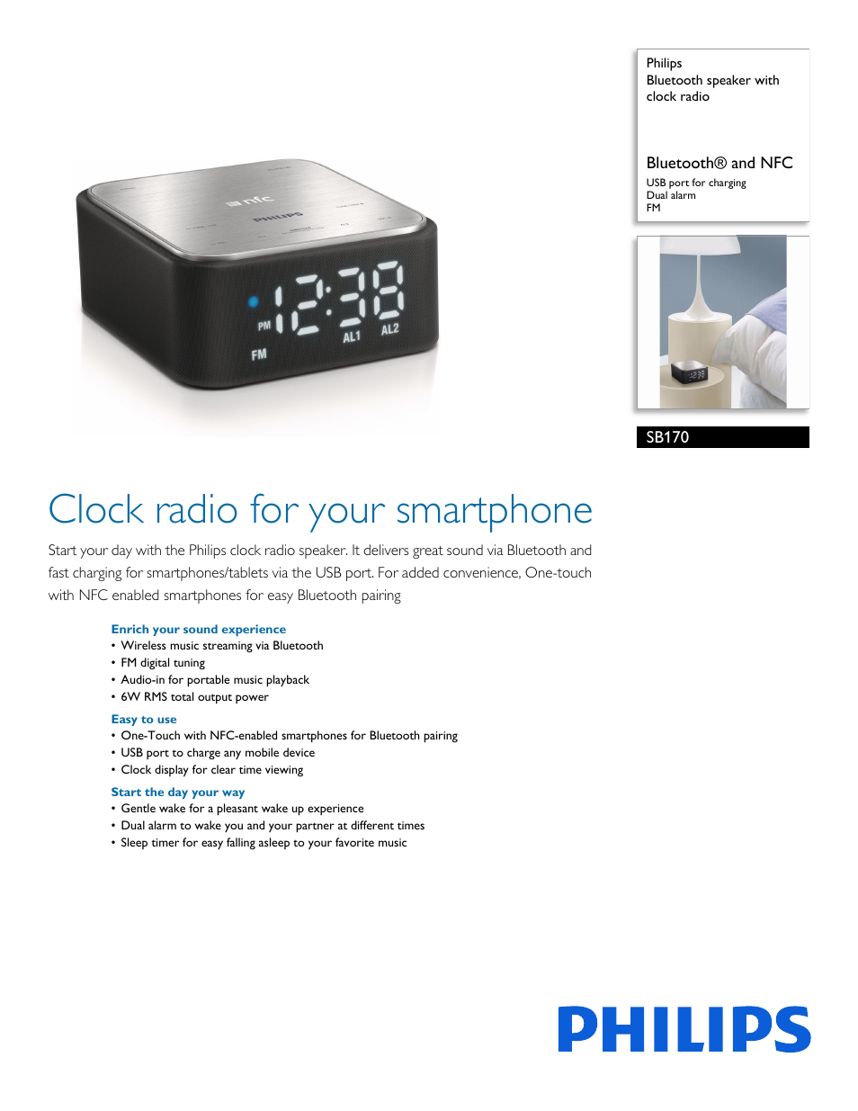 Philips Bluetooth speaker with clock radio SB170 Bluetooth® and NFC USB port for charging Dual alarm FM User Manual | 3 pages