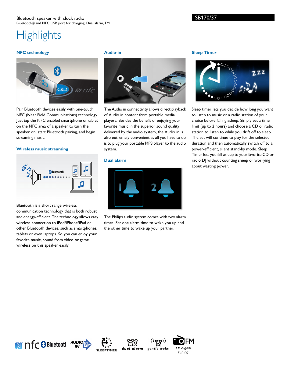 Highlights | Philips Bluetooth speaker with clock radio SB170 Bluetooth® and NFC USB port for charging Dual alarm FM User Manual | Page 2 / 3