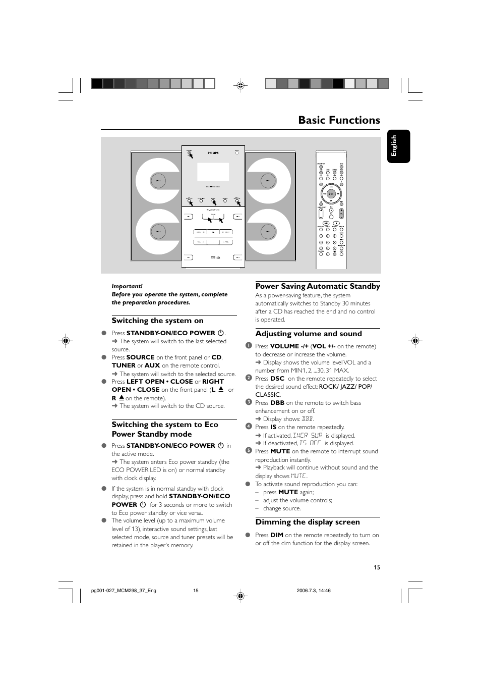 Basic functions | Philips MP3 Micro Hi-Fi System User Manual | Page 15 / 27