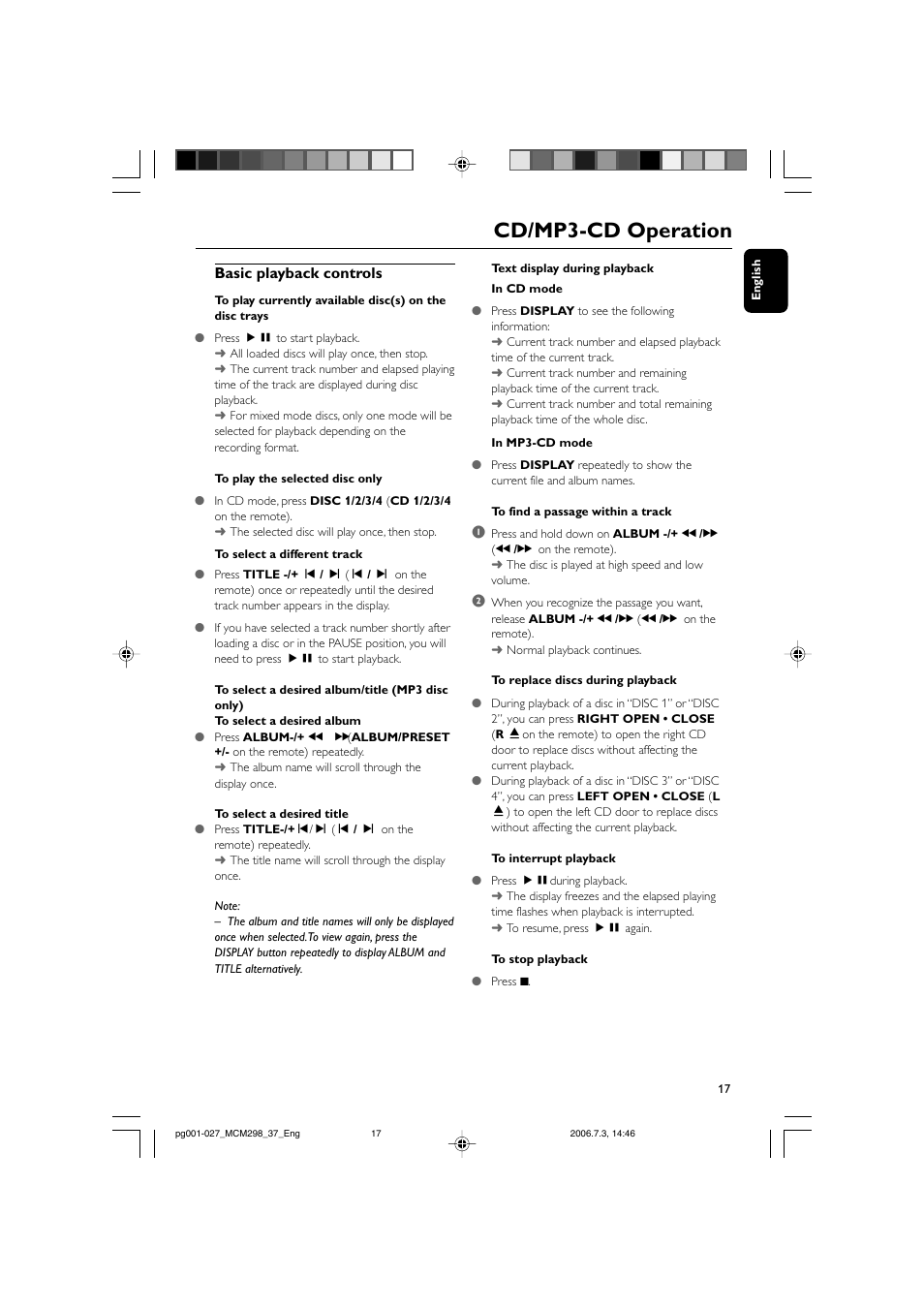 Cd/mp3-cd operation, Basic playback controls | Philips MP3 Micro Hi-Fi System User Manual | Page 17 / 27