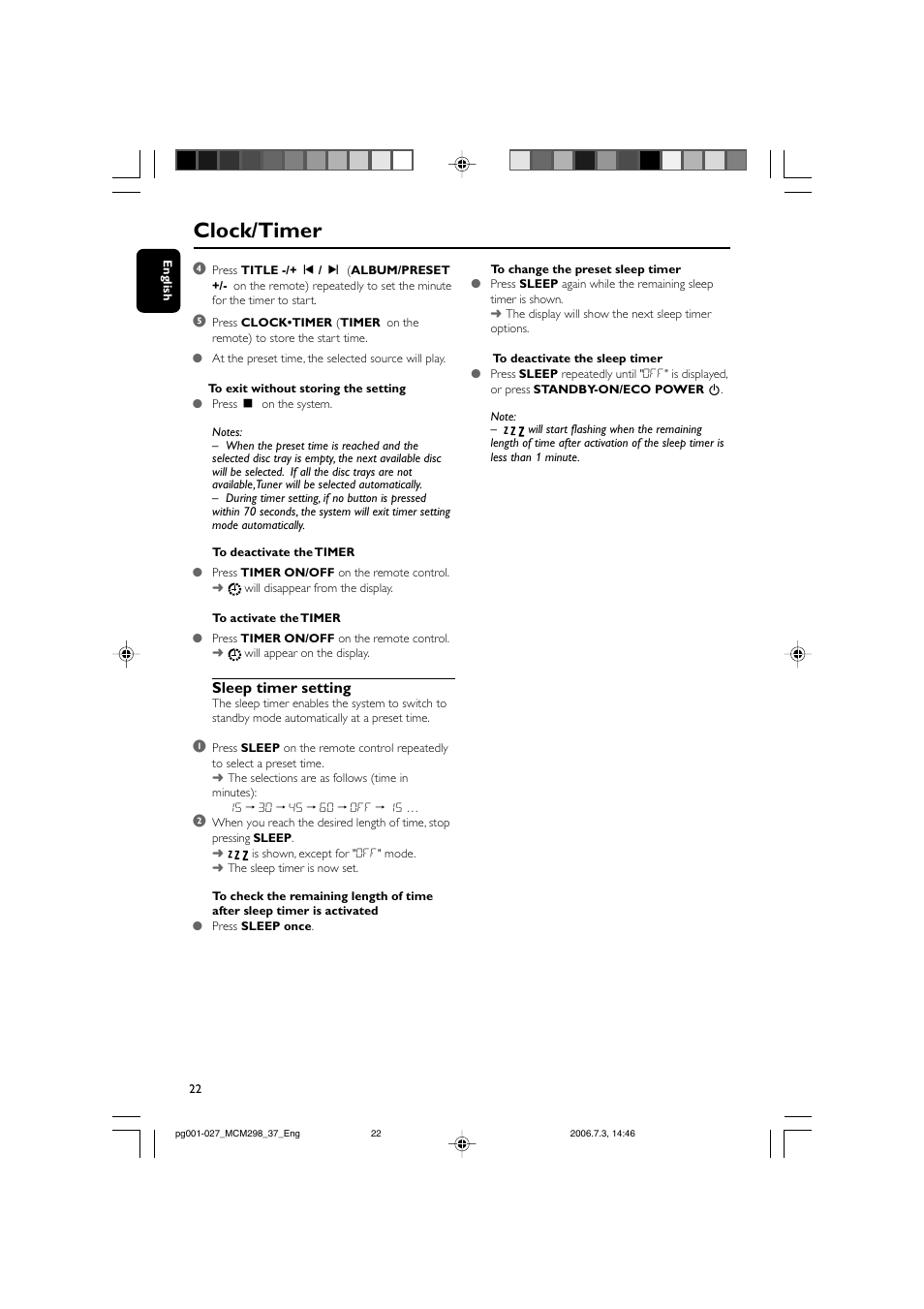 Clock/timer, Sleep timer setting | Philips MP3 Micro Hi-Fi System User Manual | Page 22 / 27
