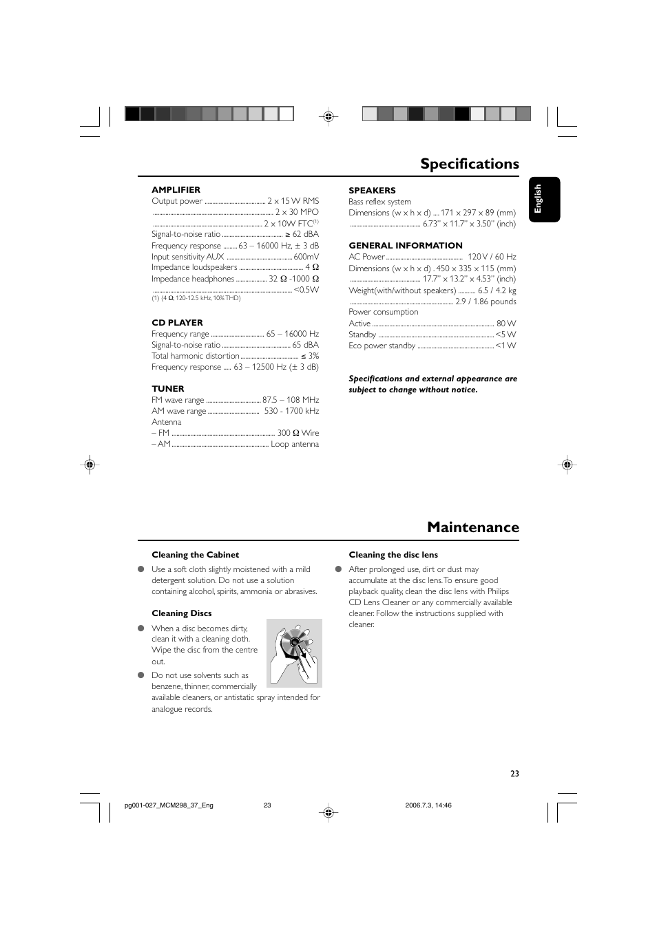 Maintenance specifications | Philips MP3 Micro Hi-Fi System User Manual | Page 23 / 27