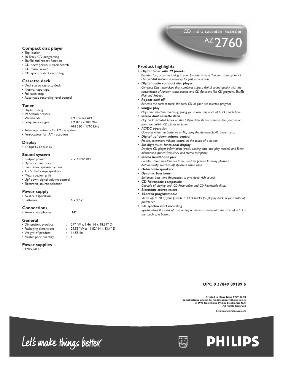 Cd radio cassette recorder | Philips AZ2760-17 User Manual | Page 2 / 2