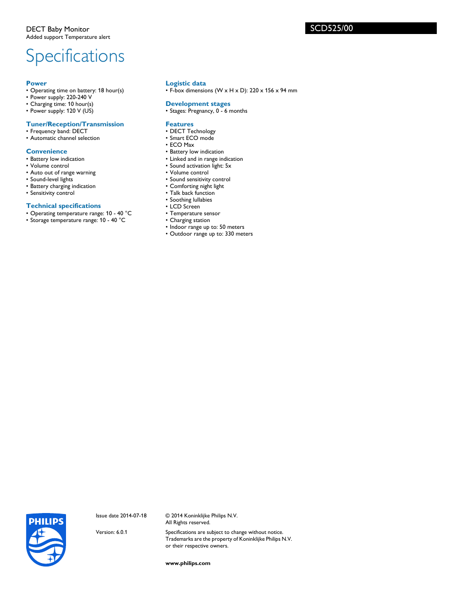Specifications | Philips SCD525-00 User Manual | Page 3 / 3