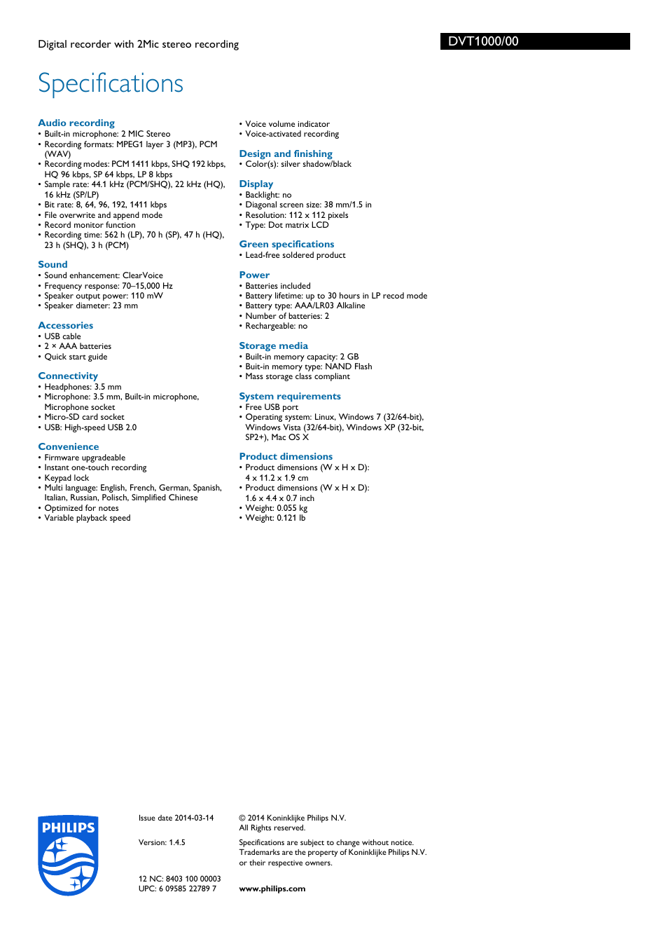 Specifications | Philips DVT1000-00 User Manual | Page 3 / 3