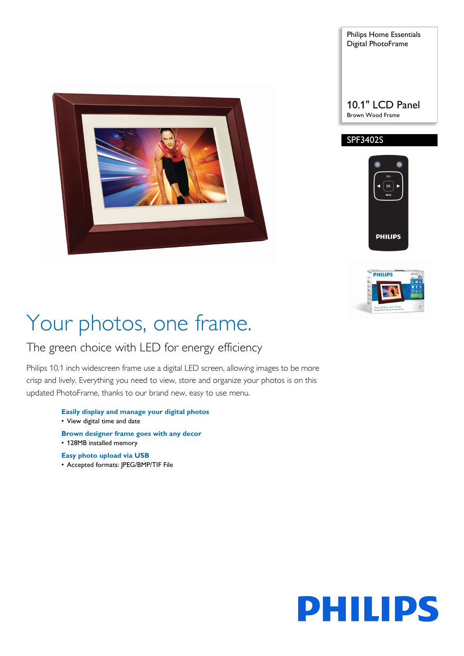 Philips Home Essentials Digital PhotoFrame SPF3402S 10.1" LCD Panel Brown Wood Frame User Manual | 2 pages