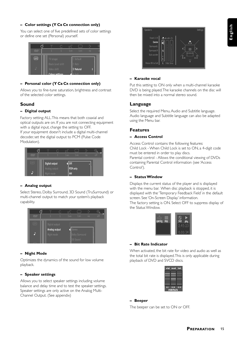 Sound, Language, Features | Philips DVD951AT98 User Manual | Page 15 / 25