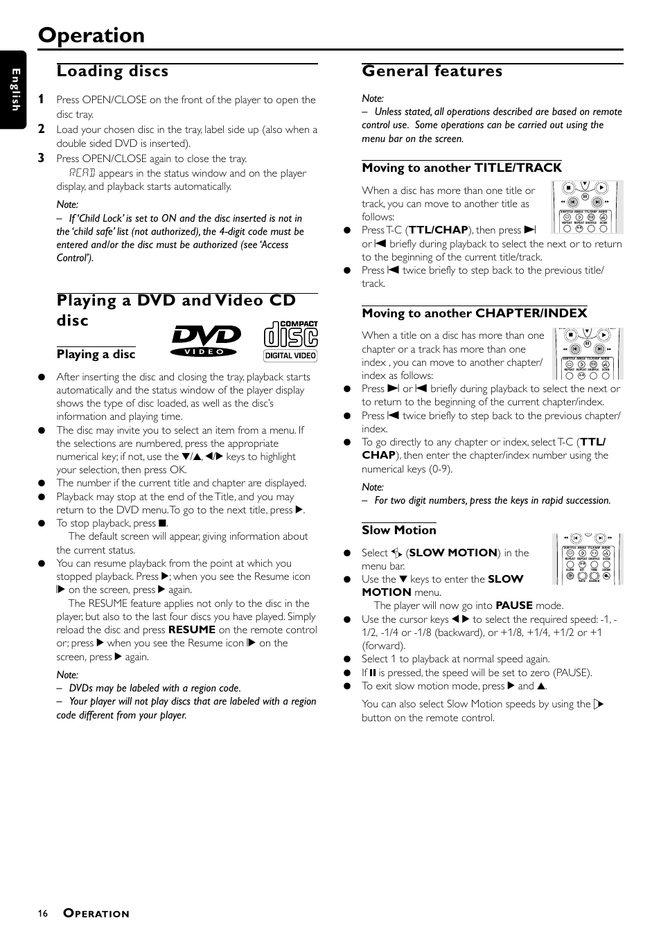 Operation, Loading discs, Playing a dvd and video cd disc | General features, Playing a disc, Moving to another title/track, Moving to another chapter/index, Slow motion, English | Philips DVD951AT98 User Manual | Page 16 / 25