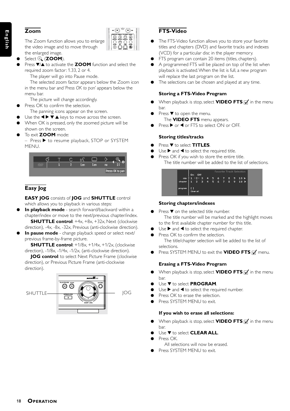 Zoom, Easy jog, Fts-video | Philips DVD951AT98 User Manual | Page 18 / 25