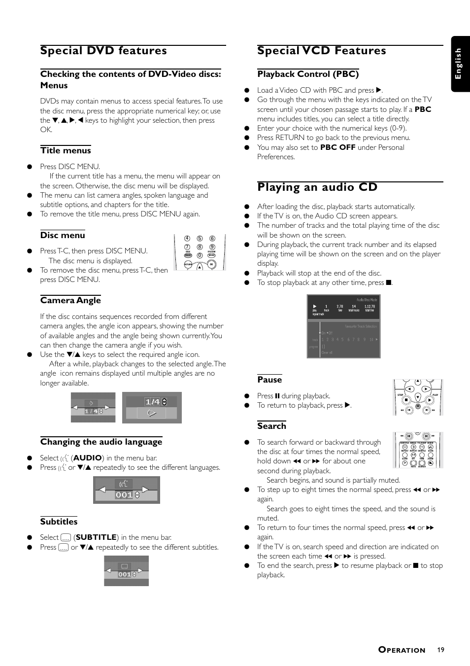 Special dvd features, Special vcd features, Playing an audio cd | Checking the contents of dvd-video discs: menus, Title menus, Disc menu, Camera angle, Changing the audio language, Subtitles, Playback control (pbc) | Philips DVD951AT98 User Manual | Page 19 / 25