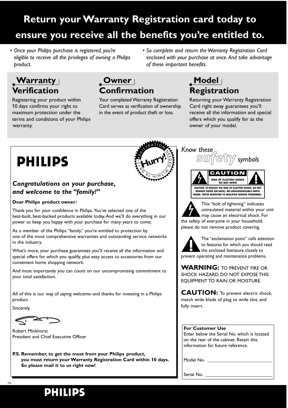 Safety, Hur ry, Warranty verification | Owner confirmation, Model registration, Know these, Symbols, Warning, Caution | Philips DVD951AT98 User Manual | Page 2 / 25