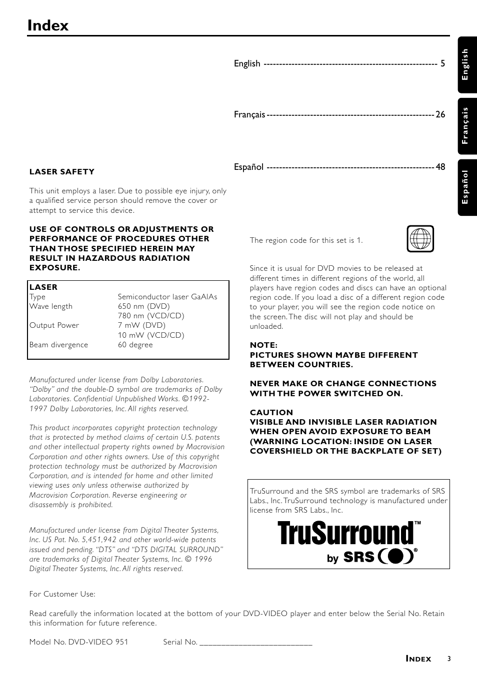 Index | Philips DVD951AT98 User Manual | Page 3 / 25