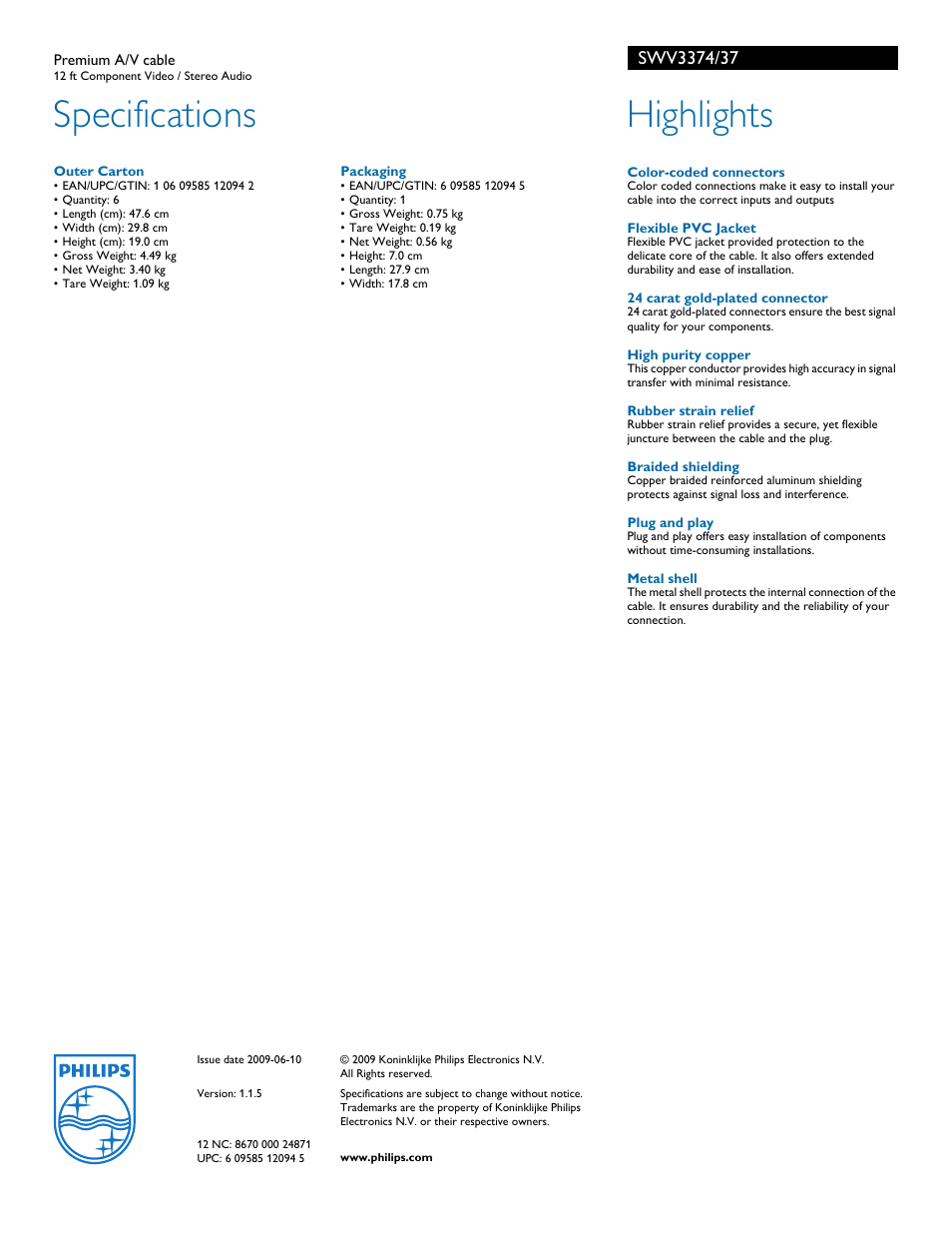 Specifications, Highlights | Philips SWV3374-37 User Manual | Page 2 / 2