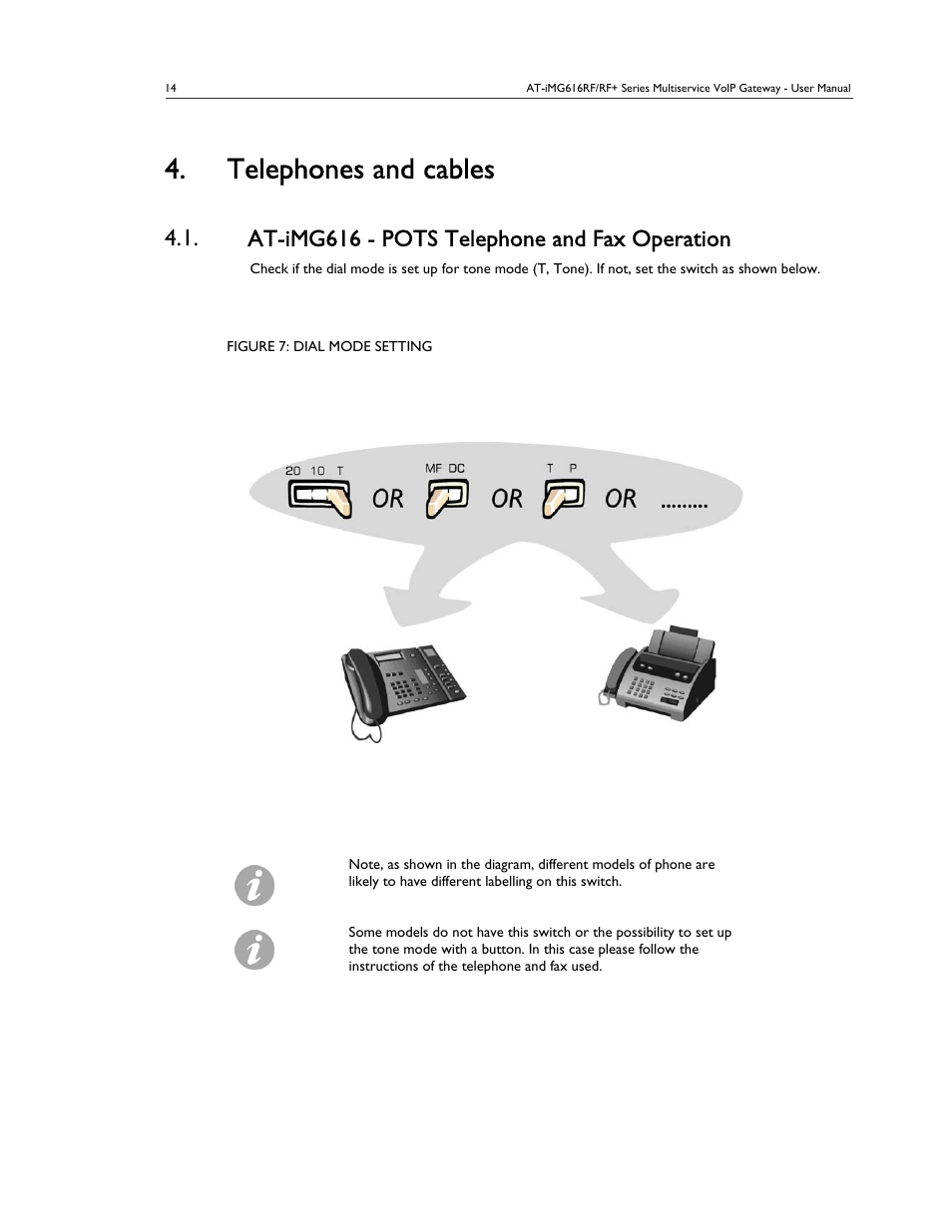 Telephones and cables, At-img616 - pots telephone and fax operation | Allied Telesis AT-IMG616RF/RF+ User Manual | Page 13 / 21