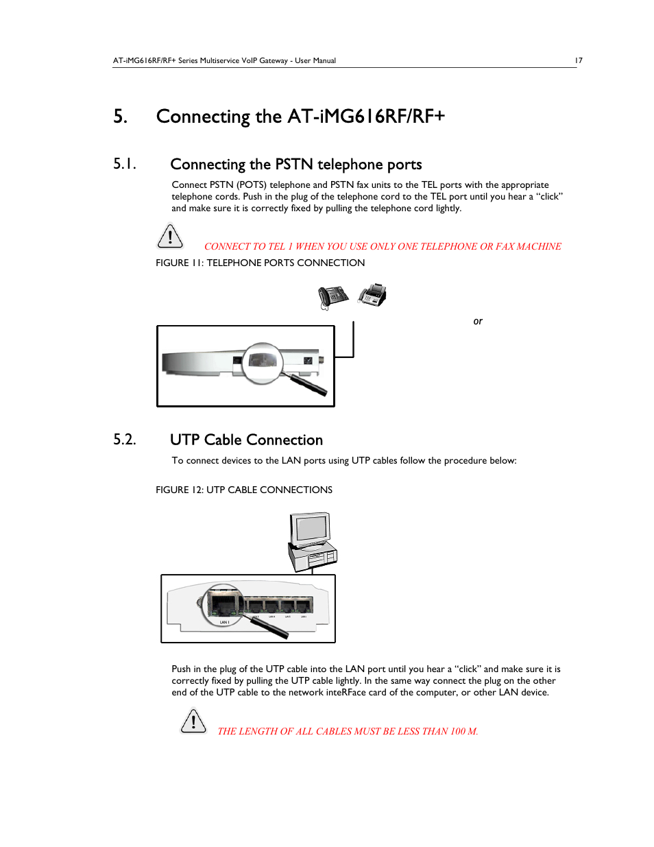 Connecting the at-img616rf/rf, Connecting the pstn telephone ports, Utp cable connection | Allied Telesis AT-IMG616RF/RF+ User Manual | Page 16 / 21