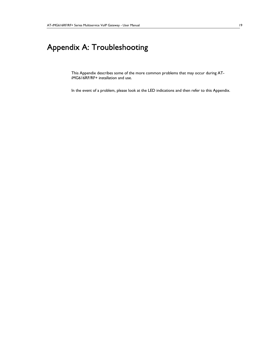 Appendix a: troubleshooting | Allied Telesis AT-IMG616RF/RF+ User Manual | Page 18 / 21