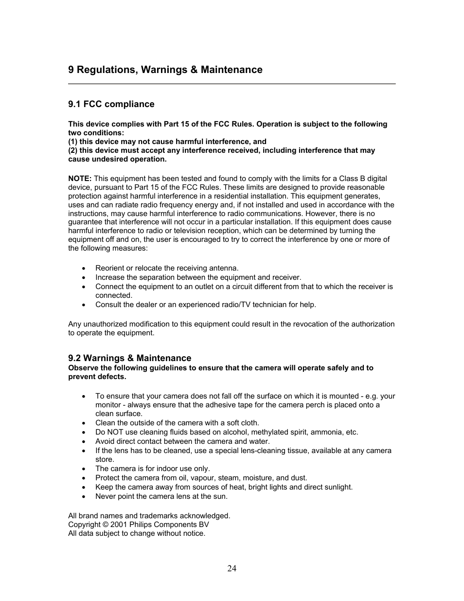 9 regulations, warnings & maintenance | Philips PCVC750K User Manual | Page 24 / 27