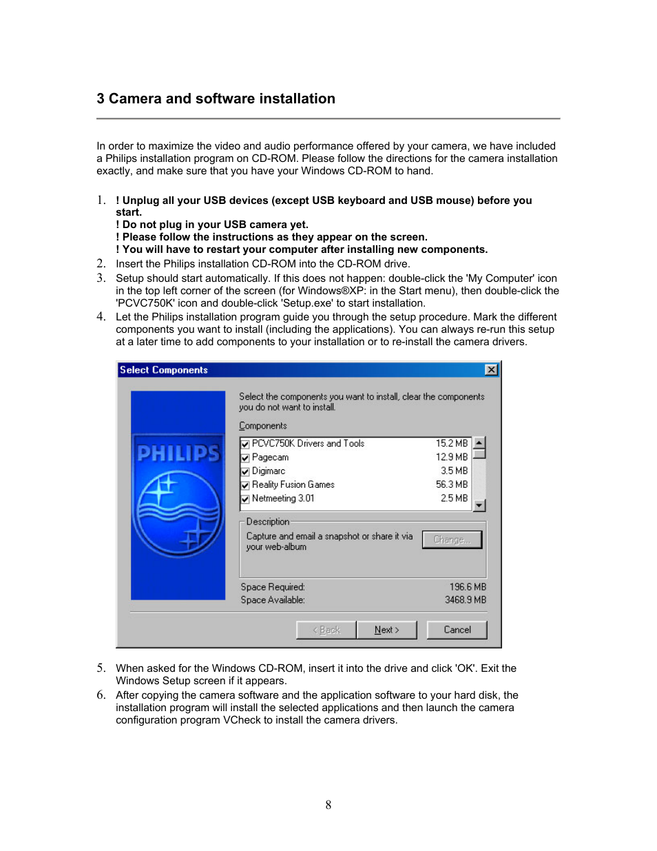 3 camera and software installation | Philips PCVC750K User Manual | Page 8 / 27