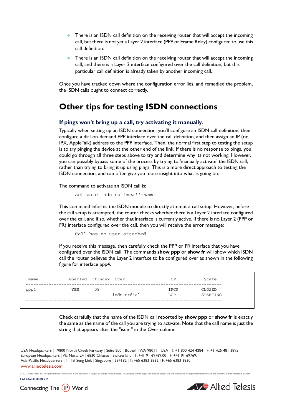 Other tips for testing isdn connections | Allied Telesis AR400 series User Manual | Page 8 / 8