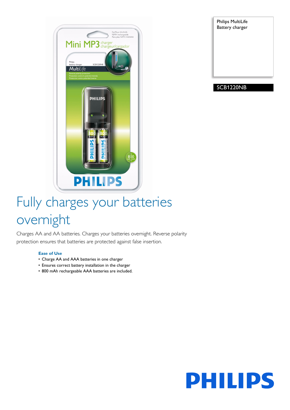 Philips MultiLife Battery charger SCB1220NB User Manual | 2 pages