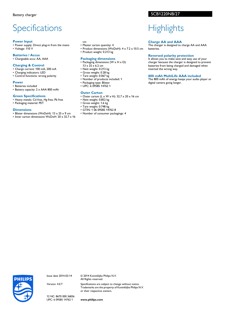 Specifications, Highlights | Philips MultiLife Battery charger SCB1220NB User Manual | Page 2 / 2