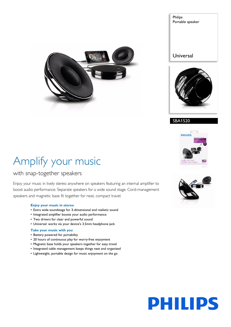 Philips Portable speaker SBA1520 Universal User Manual | 2 pages