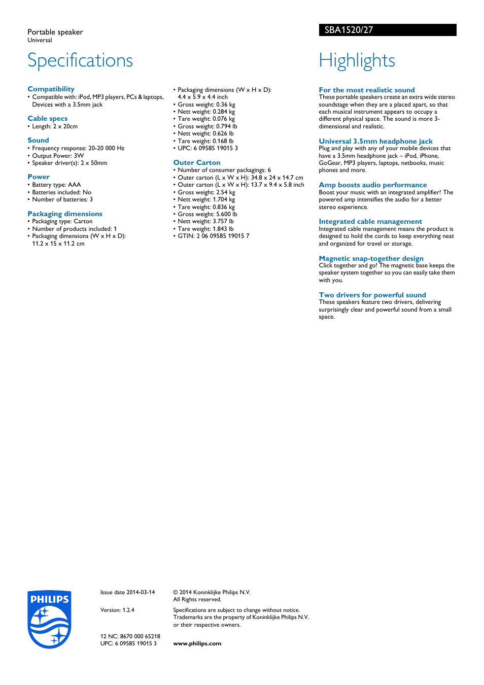 Specifications, Highlights | Philips Portable speaker SBA1520 Universal User Manual | Page 2 / 2