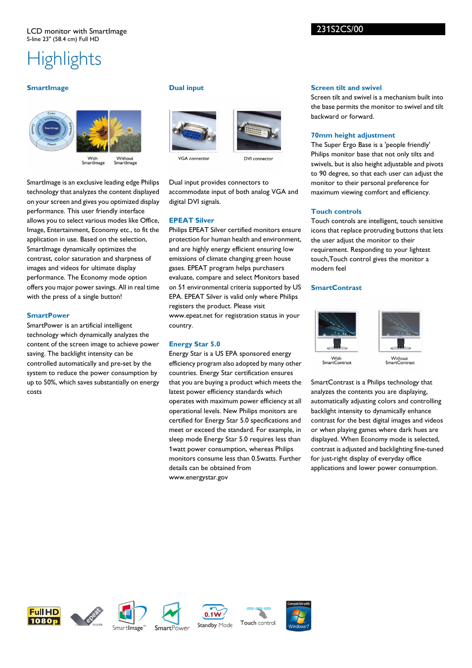 Highlights | Philips 231S2CS-00 User Manual | Page 2 / 3