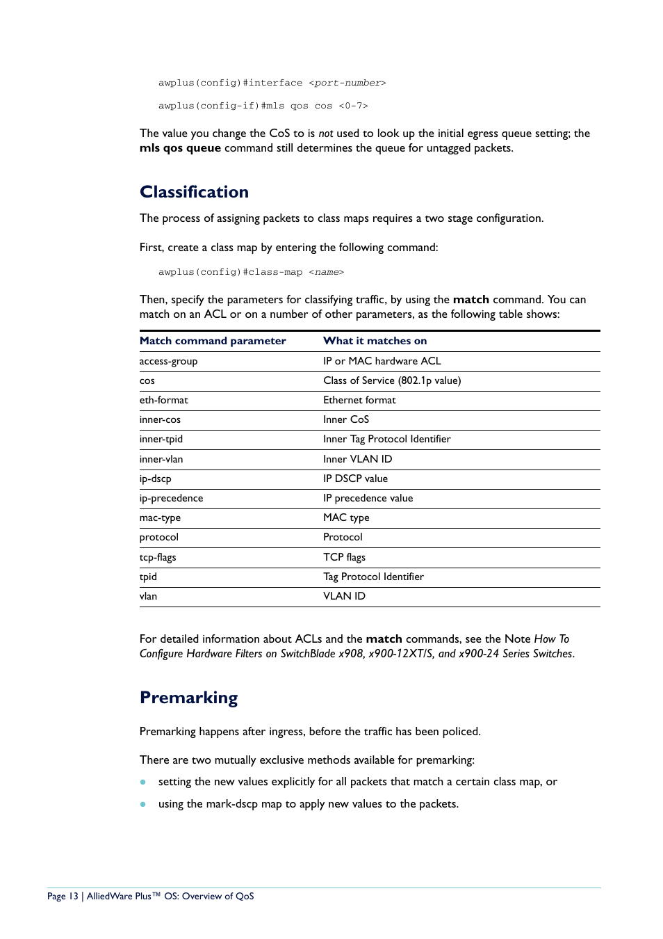 Classification, Premarking | Allied Telesis AlliedWare Plus User Manual | Page 13 / 40