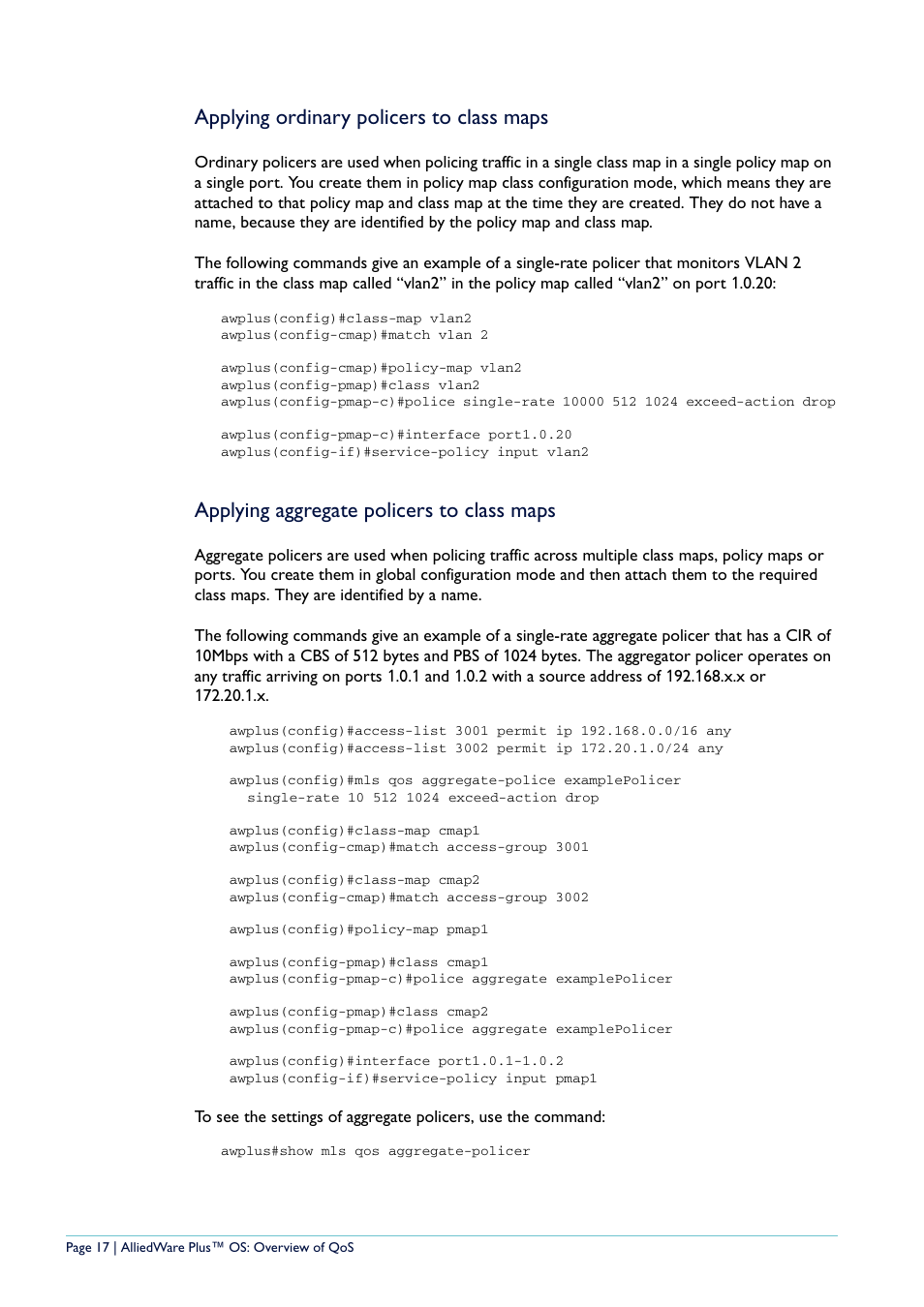 Applying ordinary policers to class maps, Applying aggregate policers to class maps | Allied Telesis AlliedWare Plus User Manual | Page 17 / 40