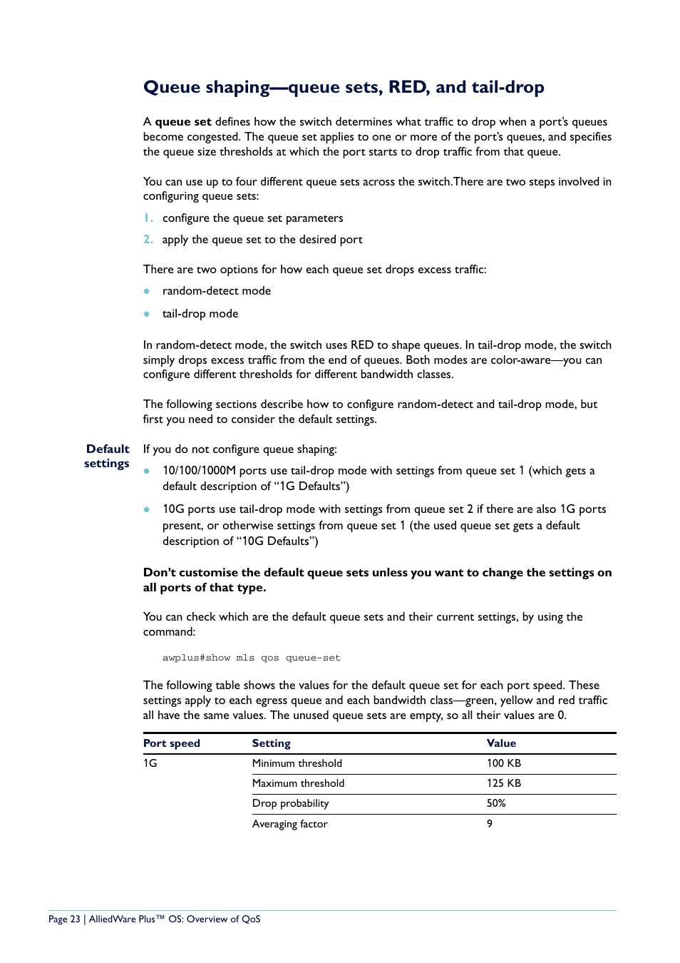 Queue shaping-queue sets, red, and tail-drop, Queue shaping—queue sets, red, and tail-drop | Allied Telesis AlliedWare Plus User Manual | Page 23 / 40