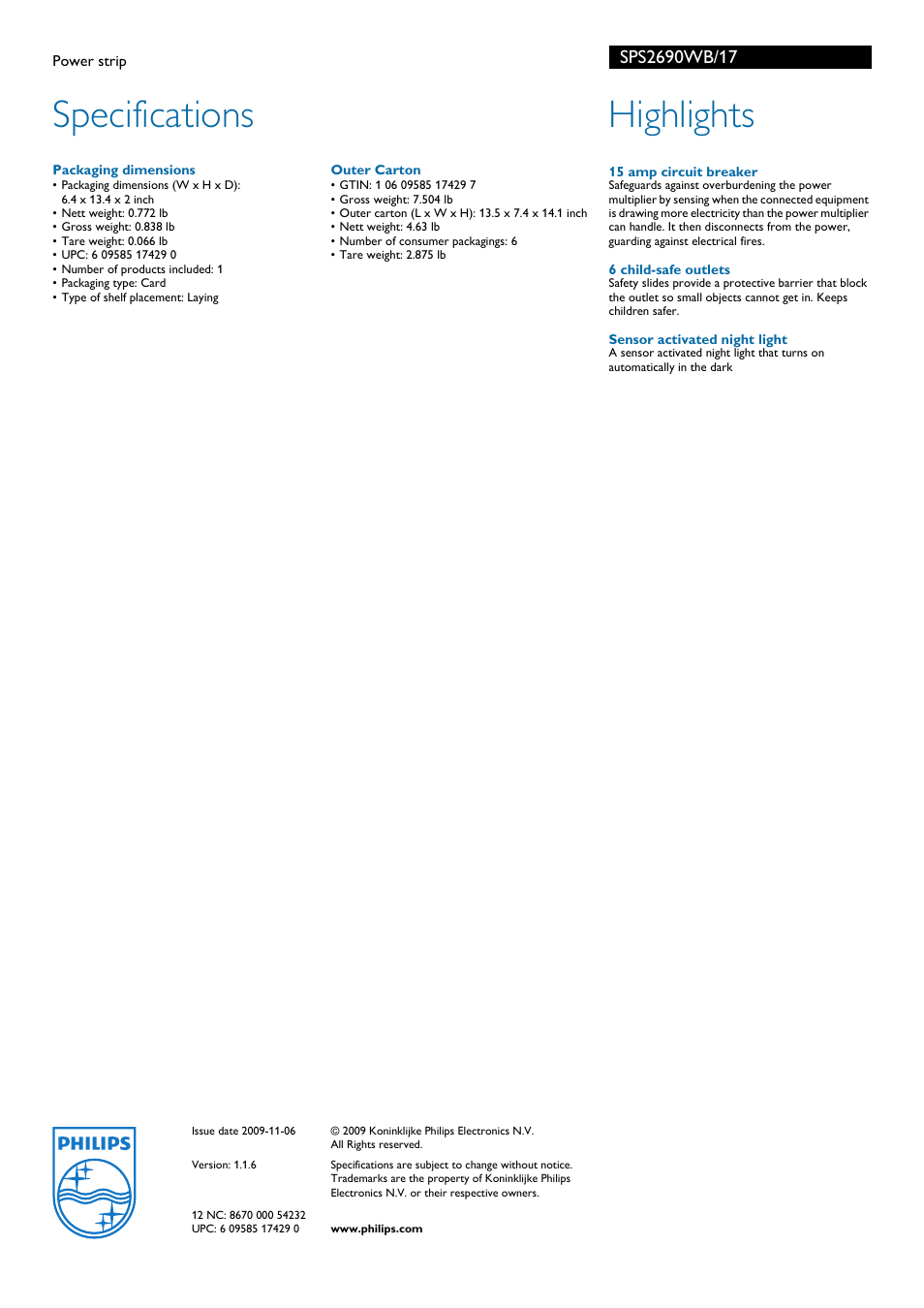 Specifications, Highlights | Philips SPS2690WB-17 User Manual | Page 2 / 2