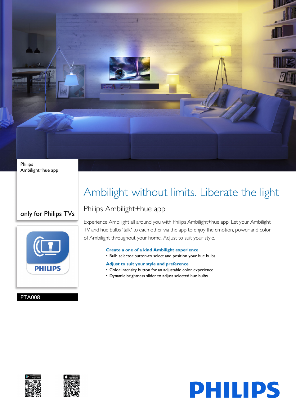 Philips Ambilight+hue app PTA008 only for Philips TVs User Manual | 2 pages