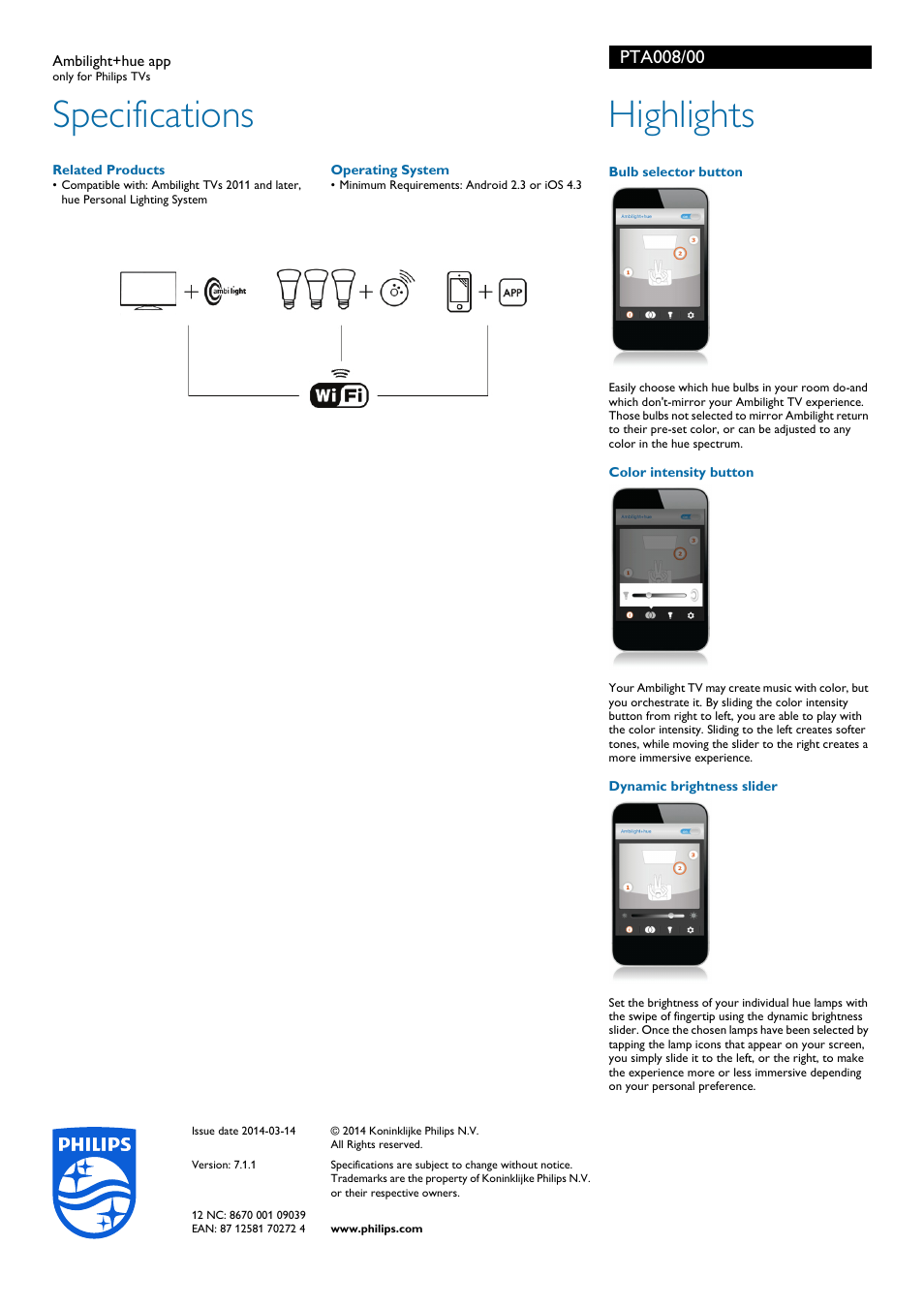 Specifications, Highlights | Philips Ambilight+hue app PTA008 only for Philips TVs User Manual | Page 2 / 2
