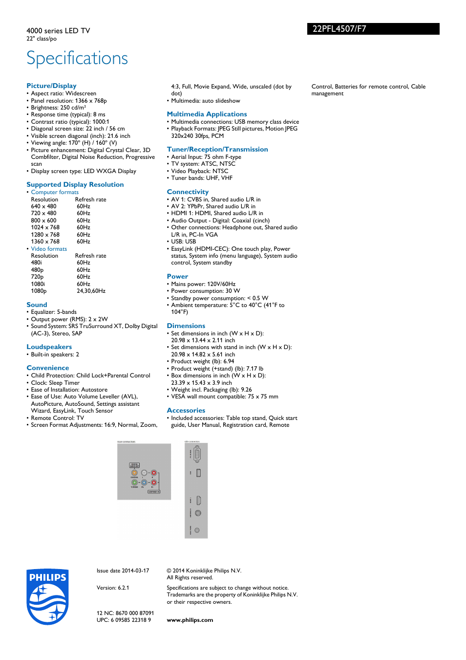 Specifications | Philips 22PFL4507-F7 User Manual | Page 3 / 3