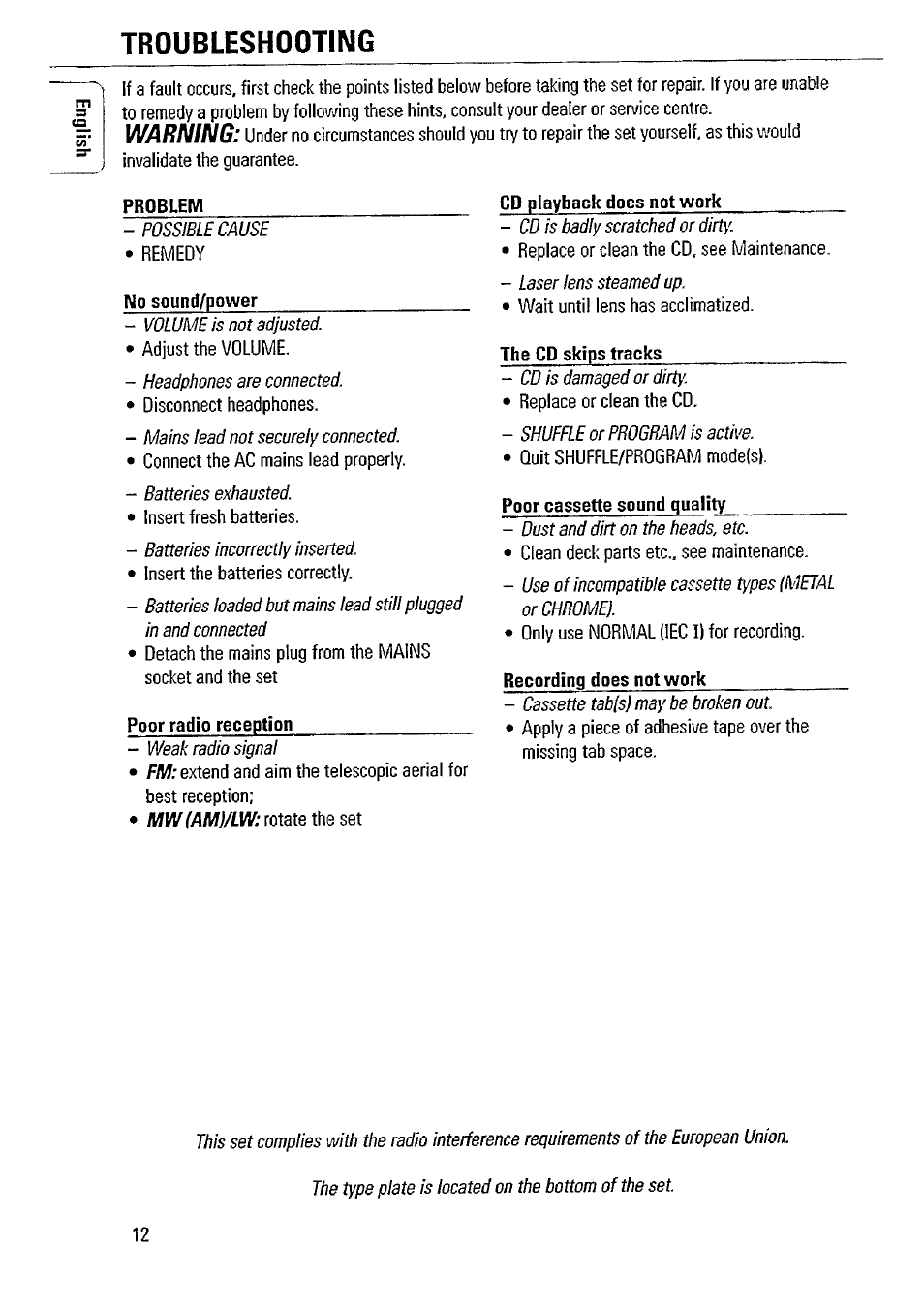 Troubleshooting, Warning | Philips AZ1020-17 User Manual | Page 12 / 16