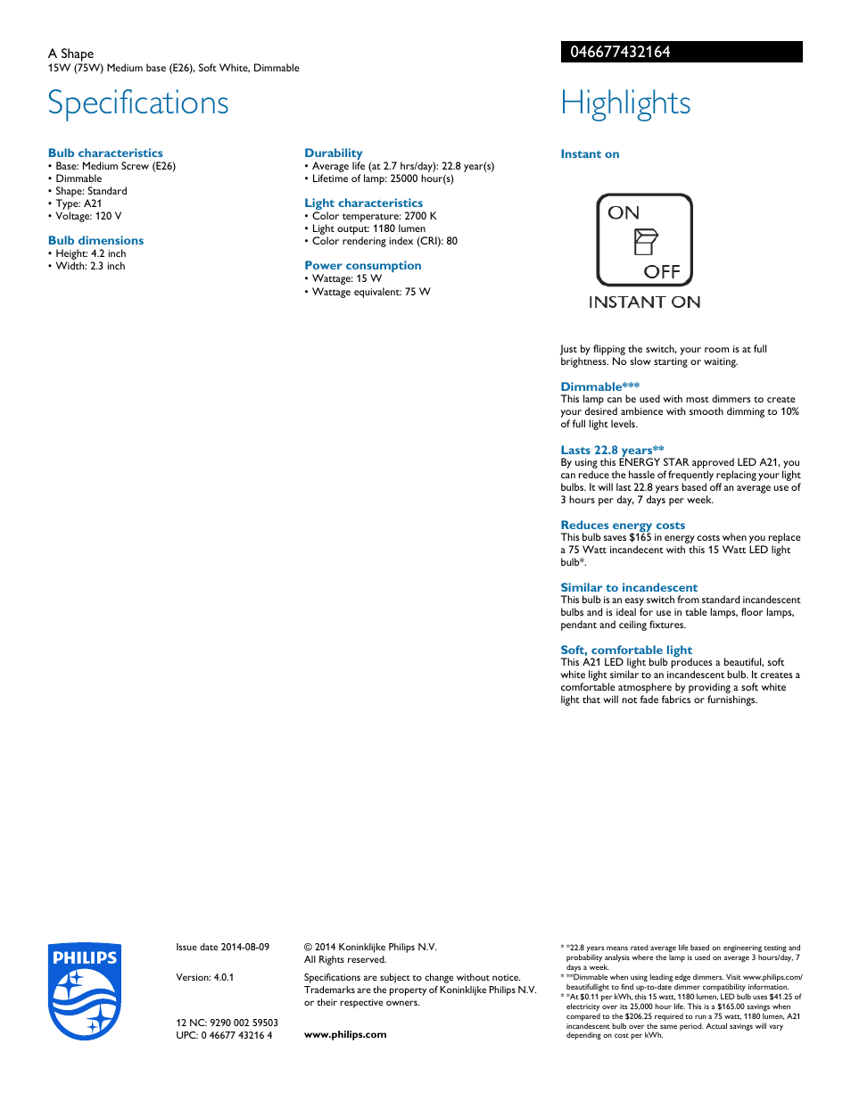 Specifications, Highlights | Philips LED A Shape 046677432164 15W 75W Medium base E26 Soft White Dimmable User Manual | Page 2 / 2