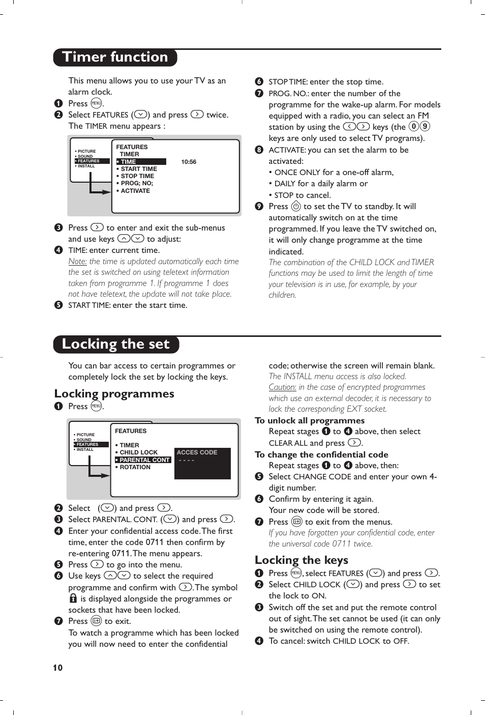 Timer function locking the set, Locking programmes, Locking the keys | Philips 23PF9945-37 User Manual | Page 10 / 128