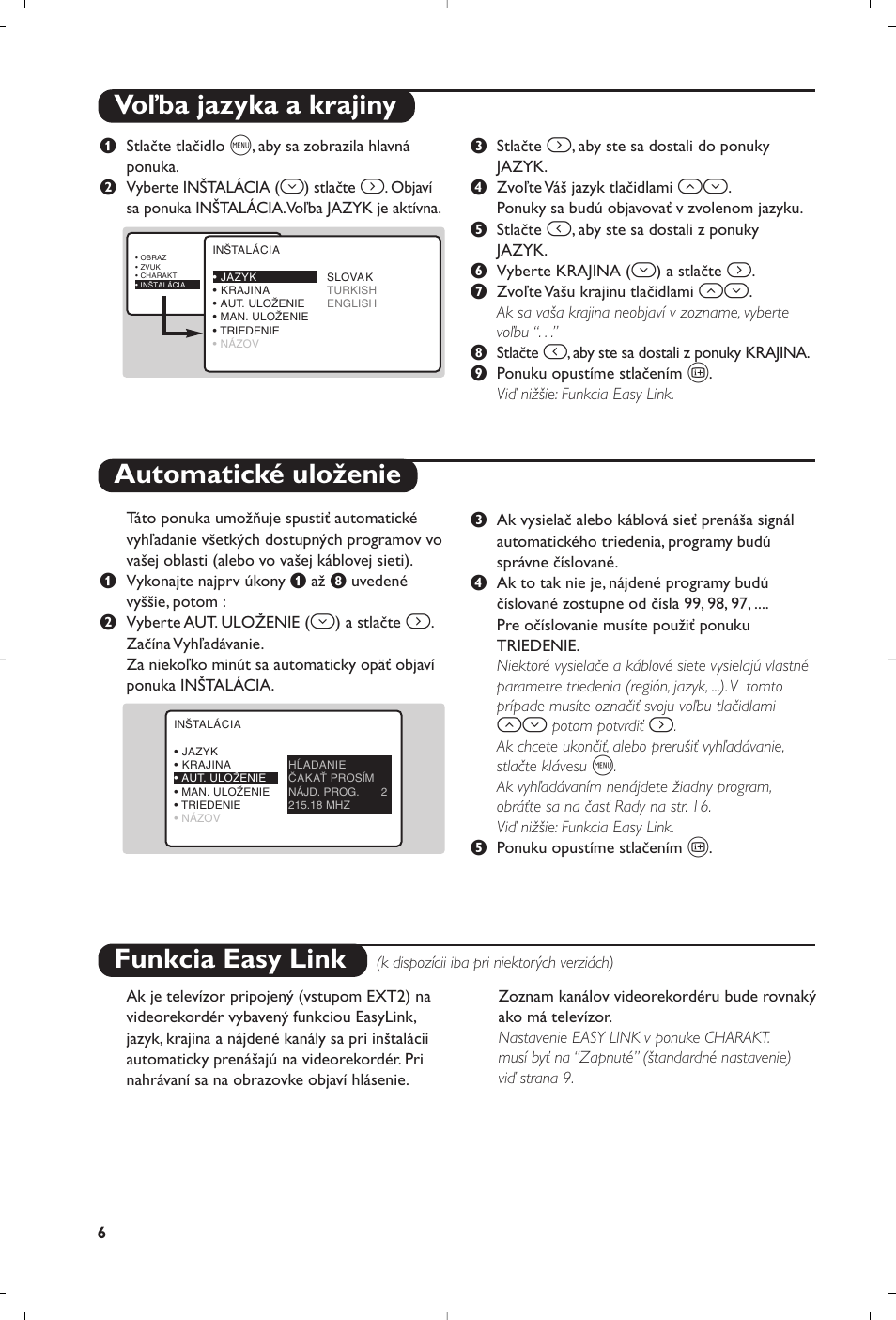 Voľba jazyka a krajiny automatické uloženie, Funkcia easy link | Philips 23PF9945-37 User Manual | Page 102 / 128