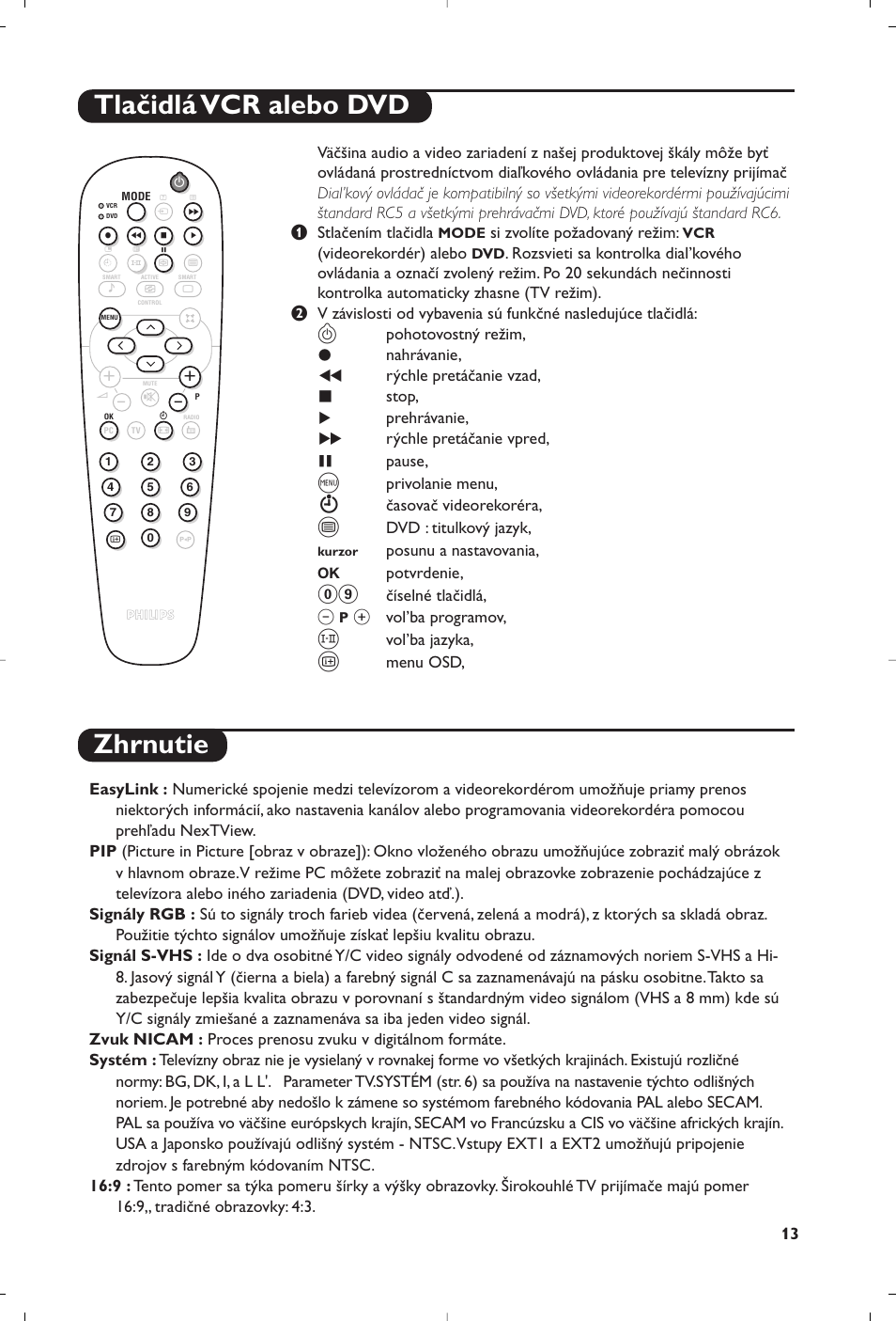 Tlačidlá vcr alebo dvd zhrnutie | Philips 23PF9945-37 User Manual | Page 109 / 128