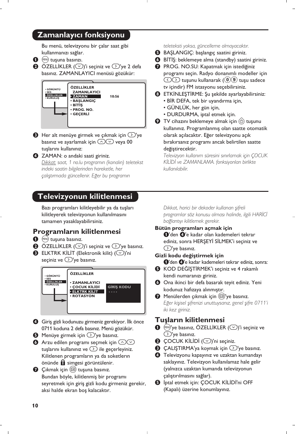 Zamanlay›c› fonksiyonu televizyonun kilitlenmesi, Programlar›n kilitlenmesi, Tuﬂlar›n kilitlenmesi | Philips 23PF9945-37 User Manual | Page 122 / 128