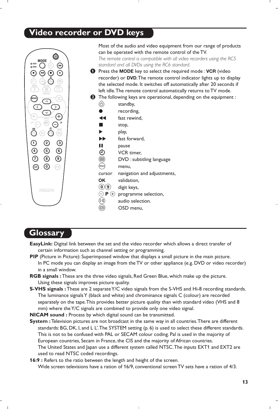 Video recorder or dvd keys glossary | Philips 23PF9945-37 User Manual | Page 13 / 128