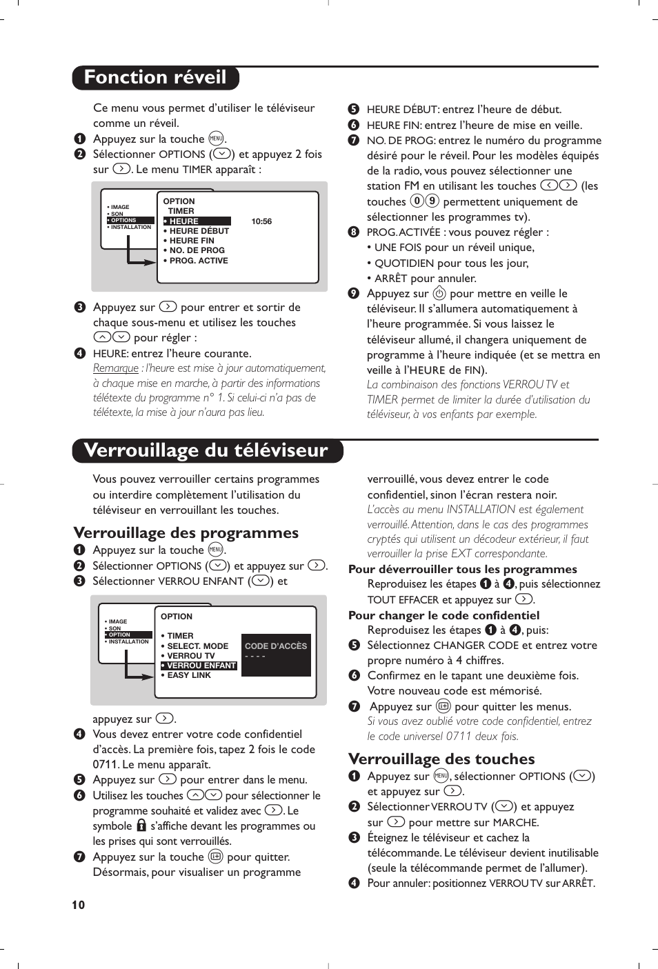 Fonction réveil verrouillage du téléviseur, Verrouillage des programmes, Verrouillage des touches | Philips 23PF9945-37 User Manual | Page 26 / 128