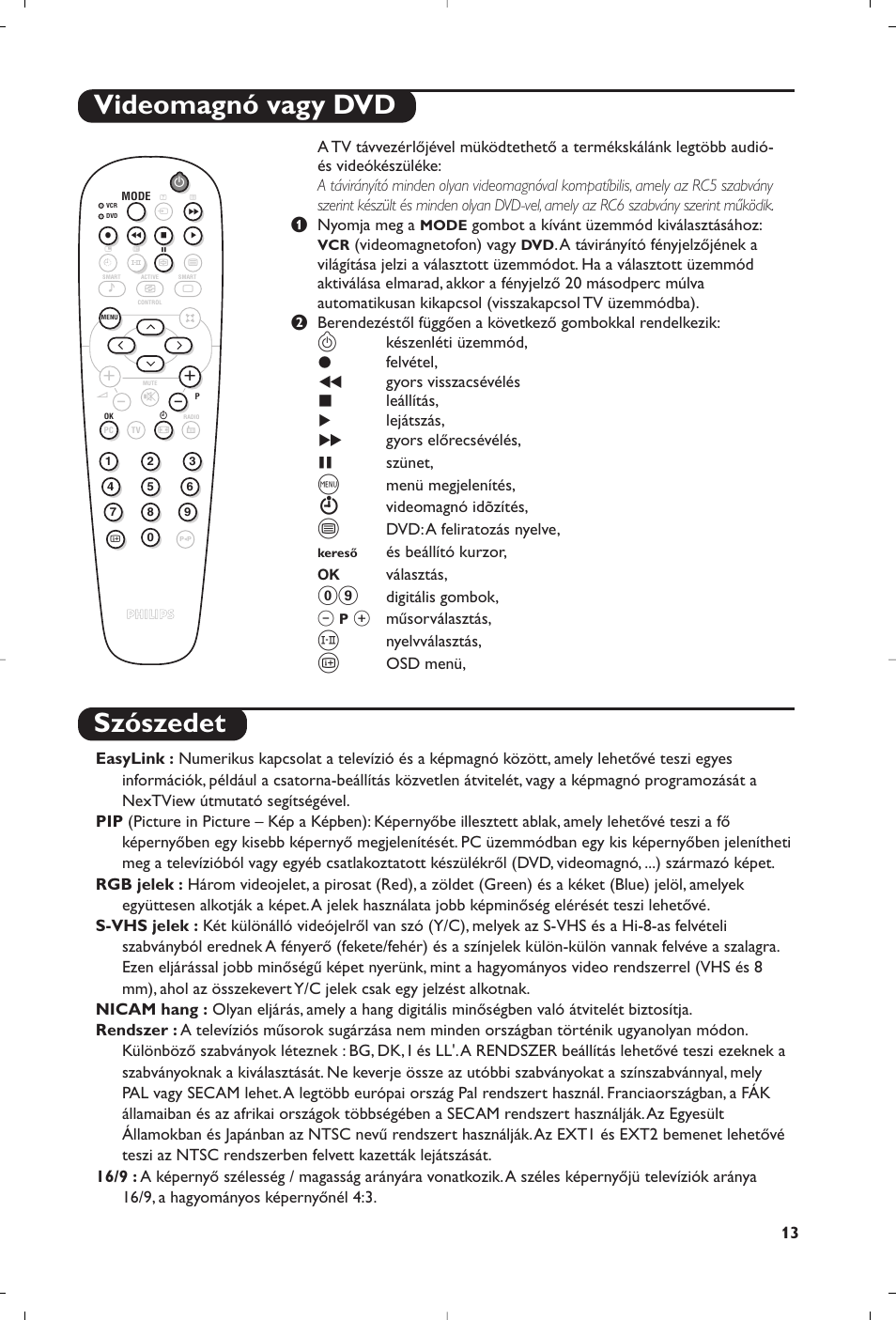 Videomagnó vagy dvd szószedet | Philips 23PF9945-37 User Manual | Page 45 / 128