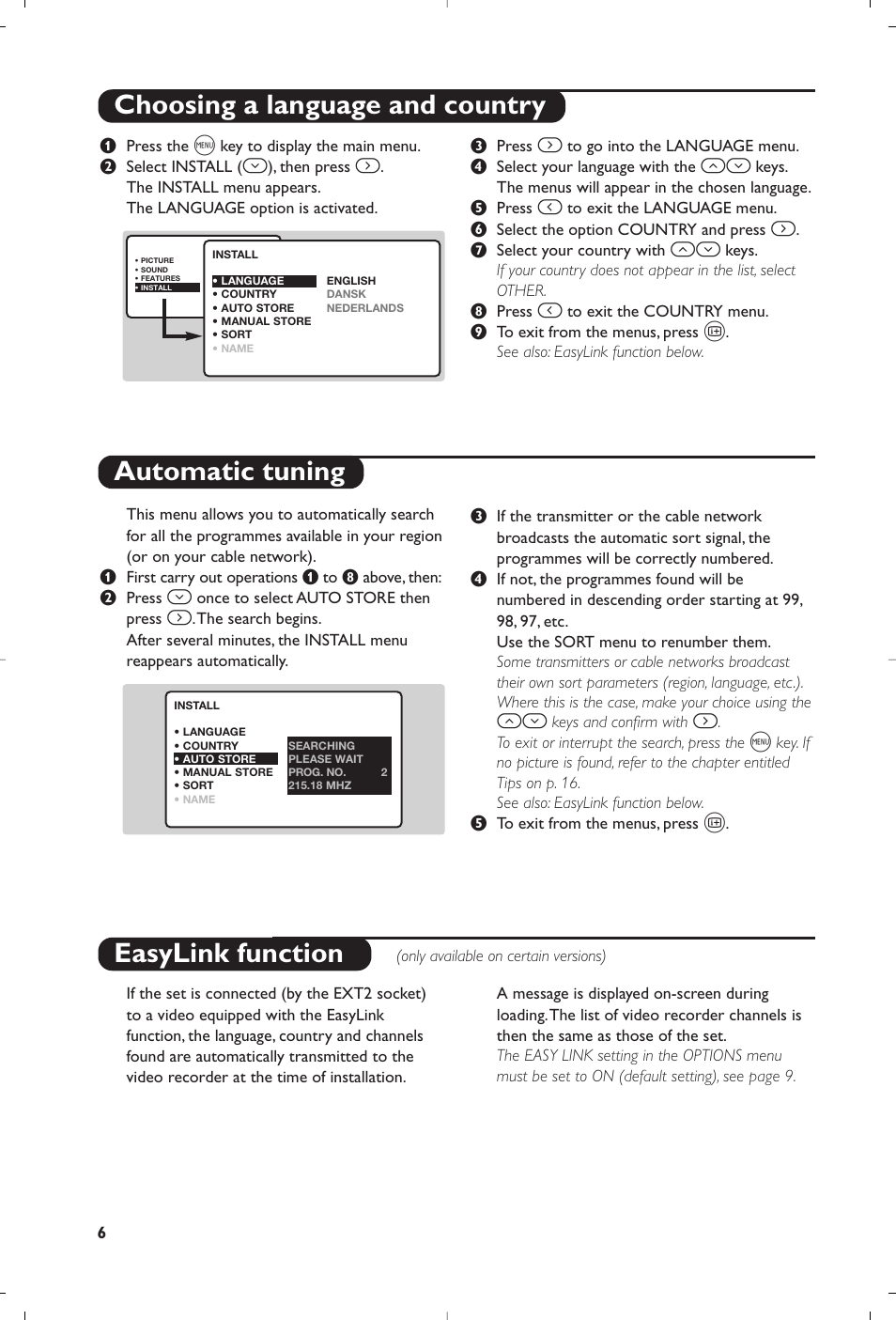 Choosing a language and country automatic tuning, Easylink function | Philips 23PF9945-37 User Manual | Page 6 / 128