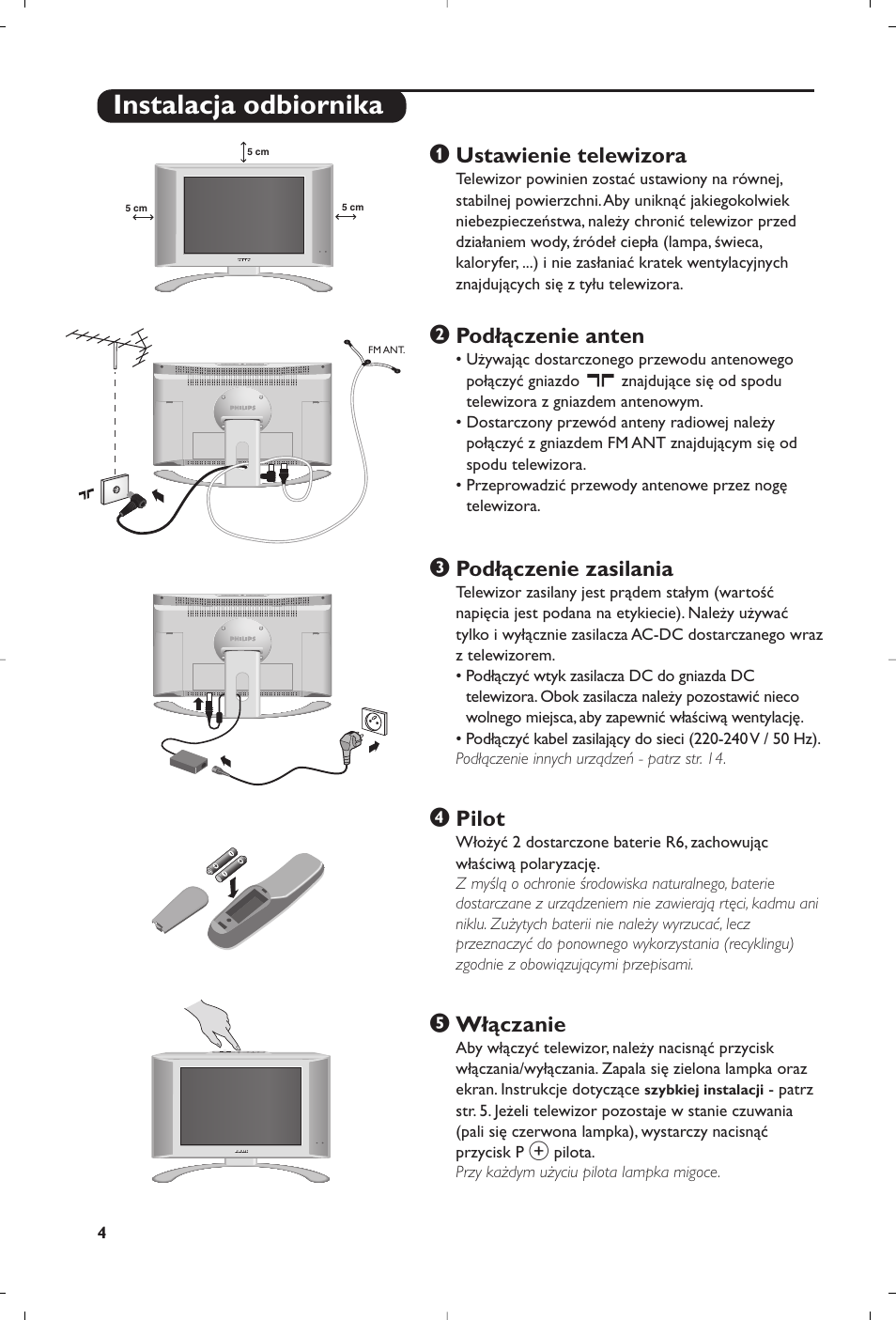 Instalacja odbiornika, Ustawienie telewizora, Podłączenie anten | Podłączenie zasilania, Pilot, Włączanie | Philips 23PF9945-37 User Manual | Page 68 / 128