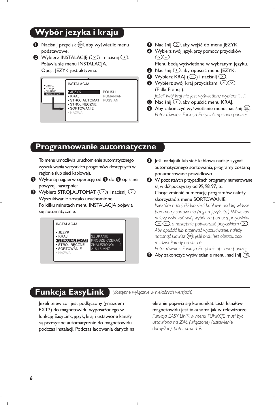 Wybór jezyka i kraju programowanie automatyczne, Funkcja easylink | Philips 23PF9945-37 User Manual | Page 70 / 128