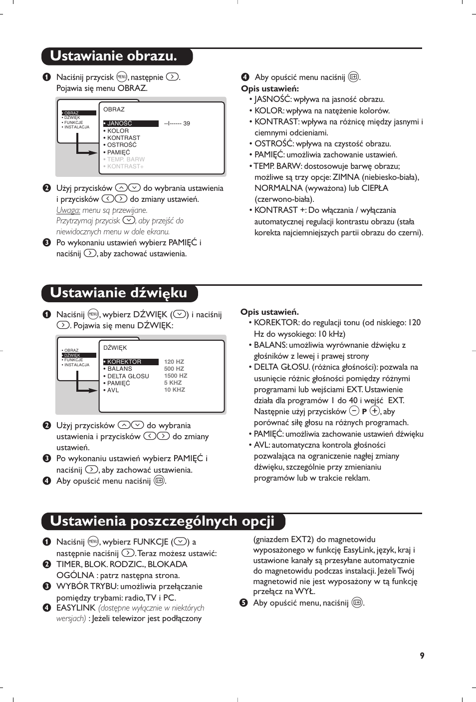 Ustawianie obrazu. ustawianie dźwięku, Ustawienia poszczególnych opcji | Philips 23PF9945-37 User Manual | Page 73 / 128